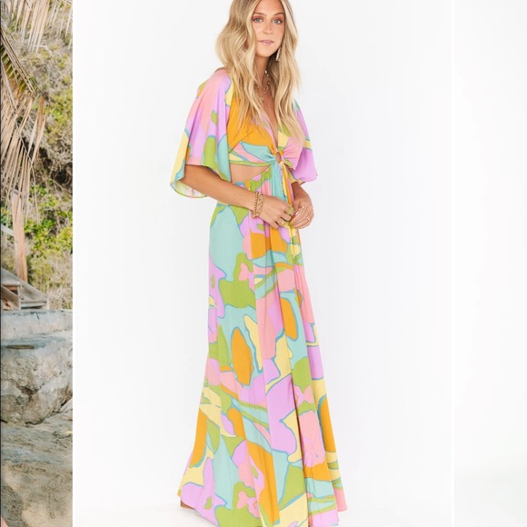 Show me your MuMu open front maxi dress M gorgeous print batwing sleeve unique - Picture 3 of 14